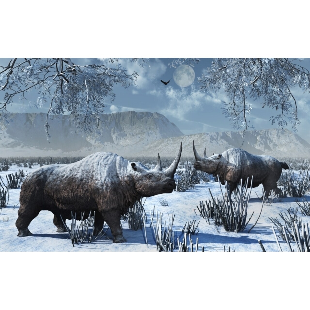 A Pair Of Woolly Rhinoceros In A Severe Pleistocene Winter Landscape Poster Print